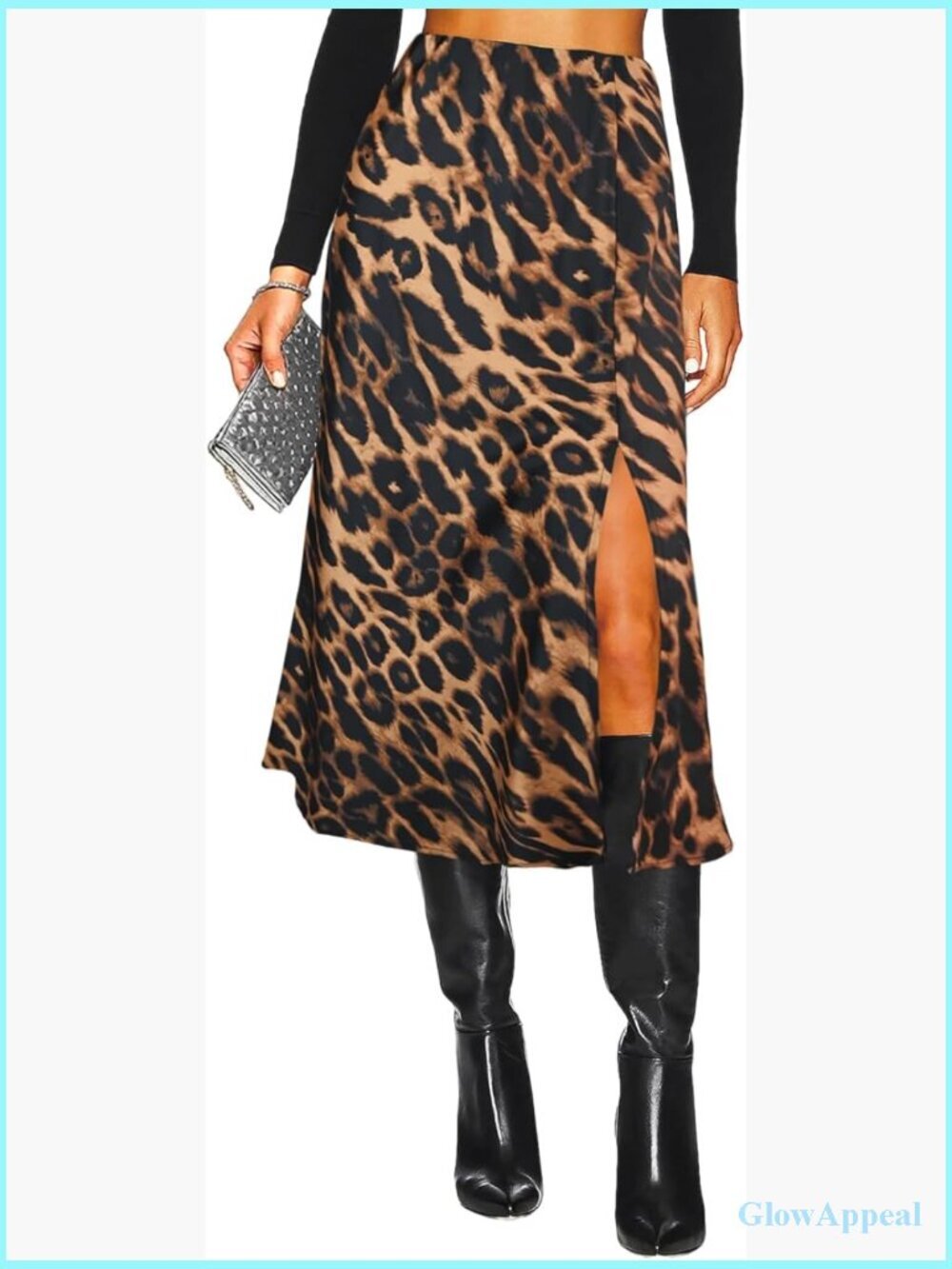 Side Slit A-Line Satin Midi Skirt Elastic High Waisted